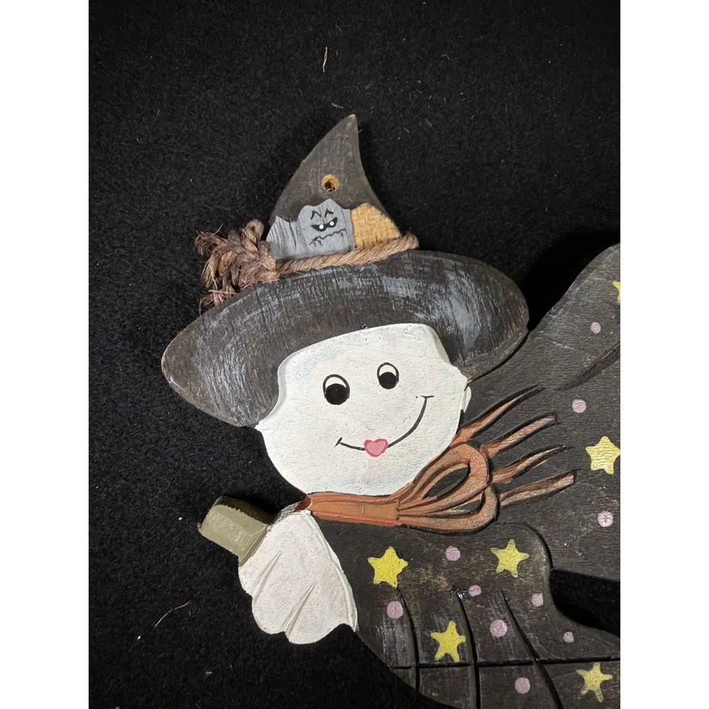Vintage Primitive Wooden Halloween Witch and Black Cat Wall Hanging Folk Art 12"